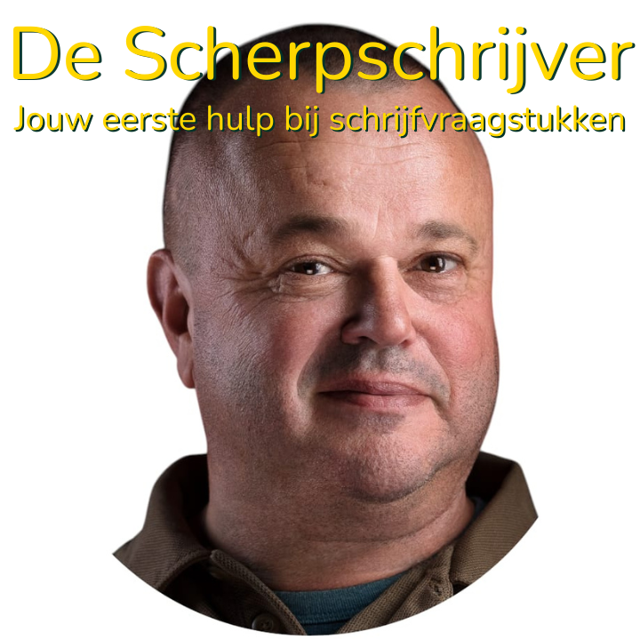 Deze afbeelding toont een headshot van Guido Seerden, ofwel De Scherpschrijver met de tekst dat dit jouw eerste hulp bij schrijfvraagstukken is.