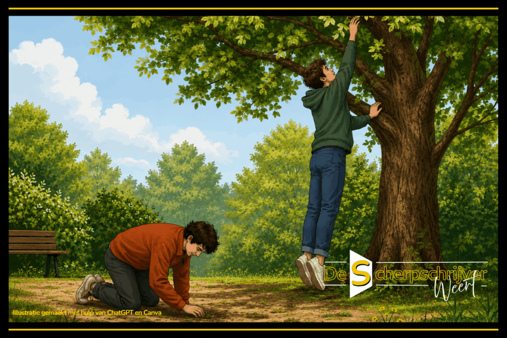 Zoeken en zoeken is niet hetzelfde. Illustratie van 2 mensen die verschillend zoeken: de een op de grond, de ander in de boom.